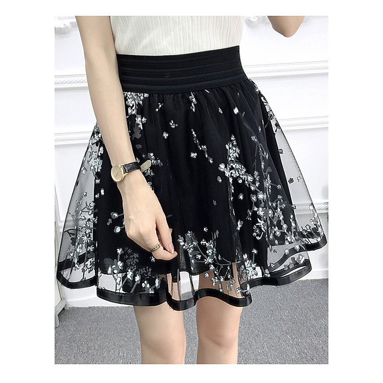 Chân váy xòe dáng ngắn họa tiết Haint Boutique( đen)-freesize cv05
