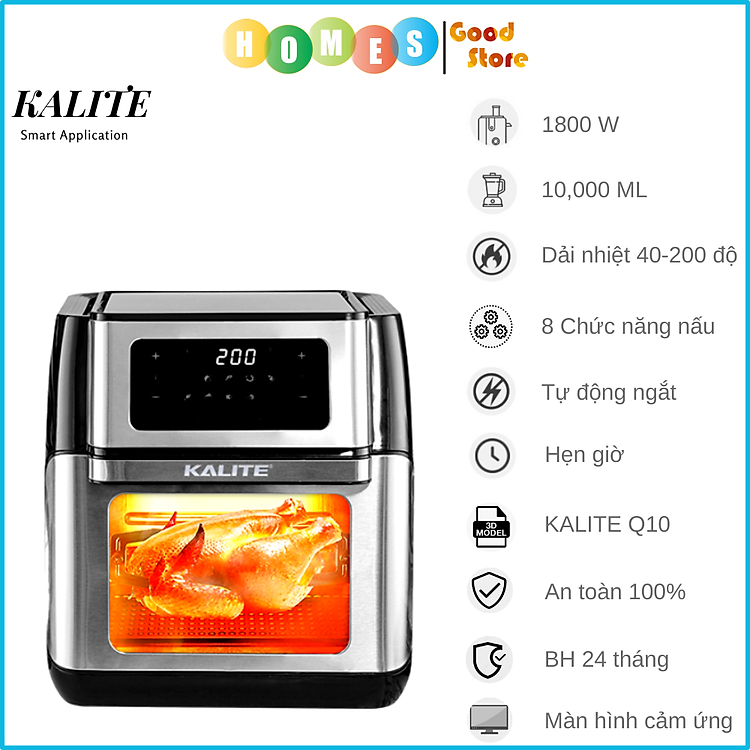 Nồi Chiên Không Dầu Kalite Q10 Gồm 8 Chương Trình, Dung Tích 10 Lít 1800 W - Hàng Chính Hãng
