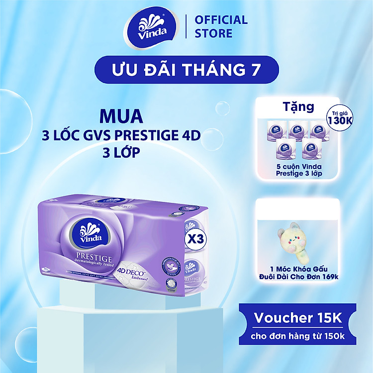 [MUA 3 LỐC GVS PRESTIGE 4D TẶNG 5 CUỘN] Giấy vệ sinh cao cấp Vinda Prestige 4D 3 lớp (8 Cuộn)