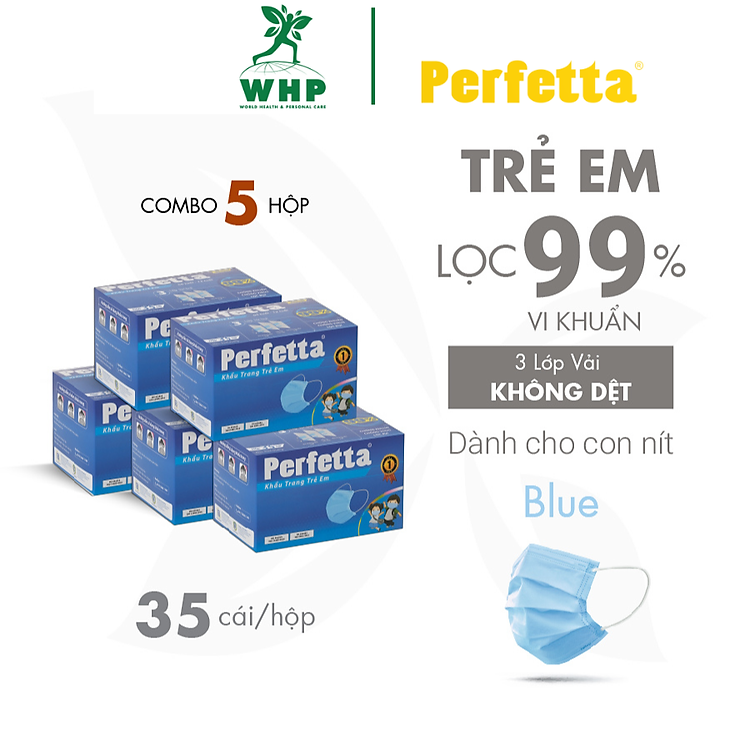 Combo 5 hộp Khẩu trang y tế 3 lớp Perfetta Trẻ Em Lọc bụi, Kháng khuẩn, Kháng vi rút 99% (35 Cái/Hộp)