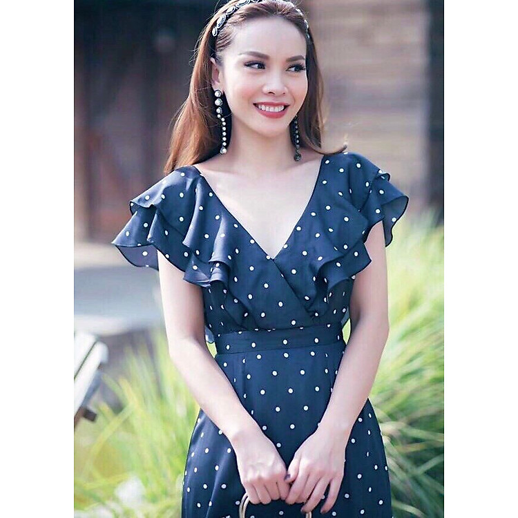 Đầm bi xanh bèo vai