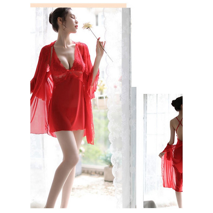 Váy ngủ gợi cảm, Váy ngủ 2 dây quyến rũ + Kèm áo choàng Kimono + Quần lót lọt khe ( Nhiều màu)