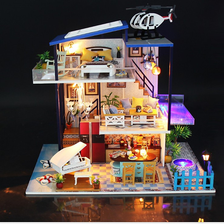 Mô hình nhà DIY Doll House Biệt thự Blue Romance Kèm Đèn LED và MICA chống bụi