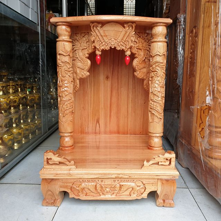 Bàn thờ thần tài ông địa gỗ xoan ngang 48 cm quỳ trụ