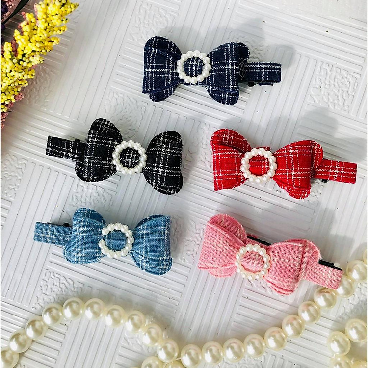 Kẹp tóc bằng vải kẻ caro nhiều màu siêu xinh 6cm