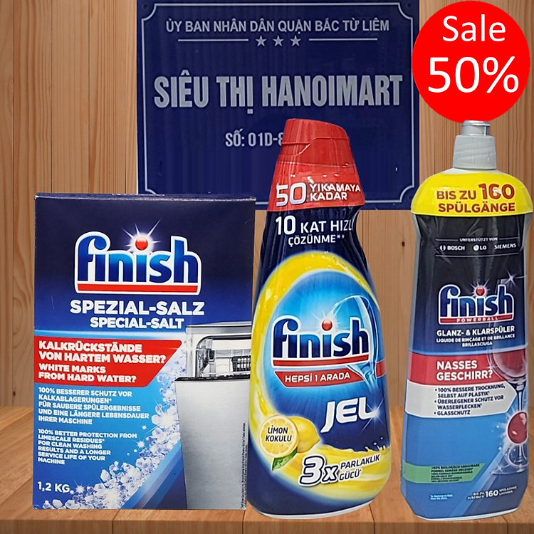 Combo Gel rửa bát Finish 1500ml dạng lỏng + Muối 2kg dùng cho máy rửa chén bát + Tặng viên Finish