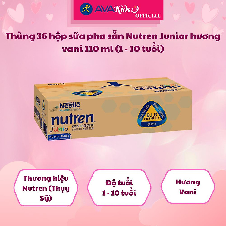Thùng 36 hộp sữa pha sẵn Nutren Junior hương vani 110 ml (1 - 10 tuổi)