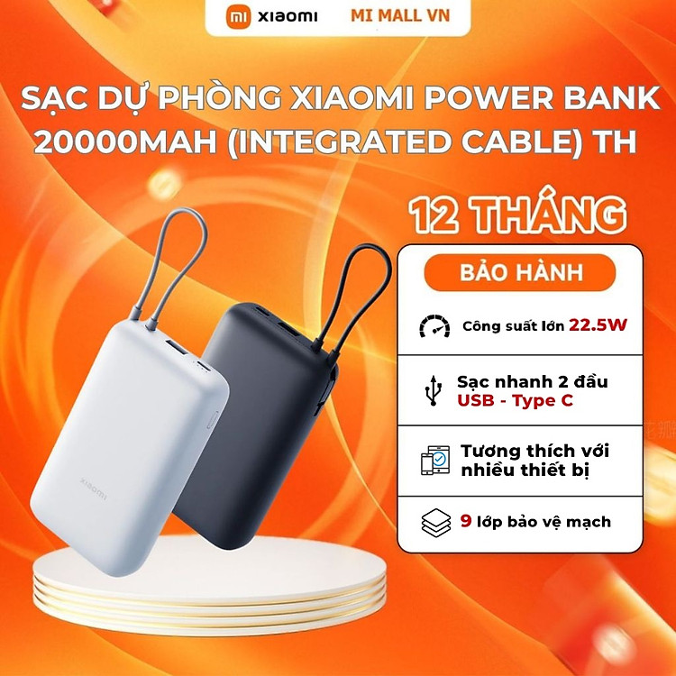 Mua Sạc Dự Phòng Xiaomi Power Bank 20000mAh (Integrated Cable) TH | Sạc Nhanh | Phù Hợp Đi Máy Bay | Hàng Chính Hãng - Light Gray tại WinhotechVN