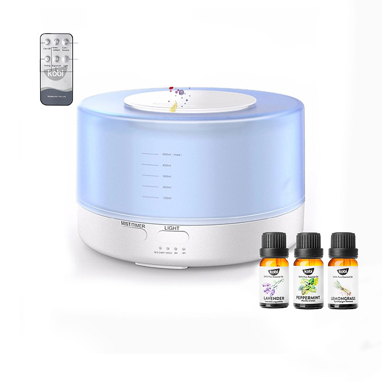 Máy phun sương tạo ẩm Bình Minh 500ml Tặng 3 Chai Tinh Dầu Kobi Sả Chanh + Bạc Hà + Oải Hương 10ml Nhập Khẩu Ấn Độ | Xông Phòng 30m2 | Kèm Remote Điều Khiển