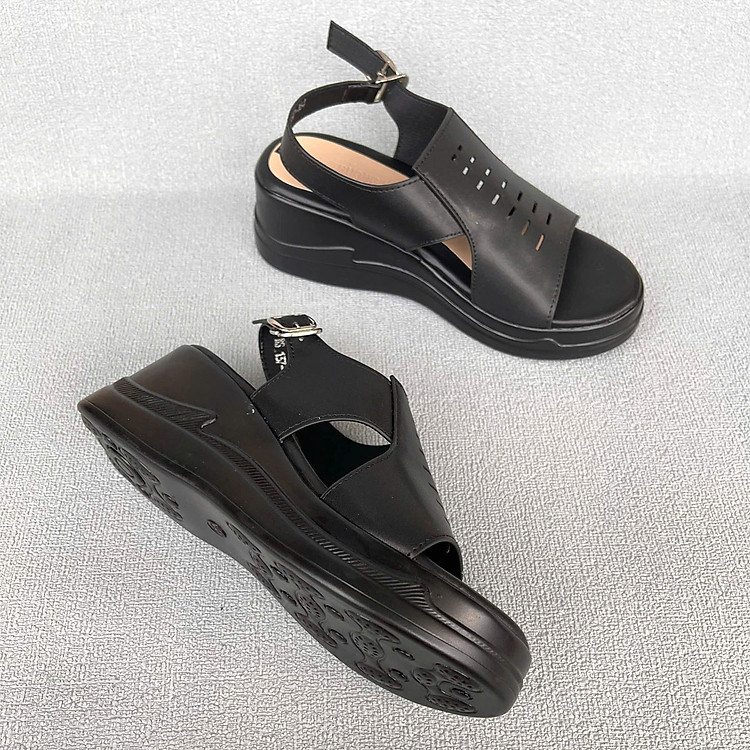 Giày Xăng đan nữ 7cm thời trang đế bằng pu siêu nhẹ màu đen Trường Hải XD145 - Hình ảnh 5