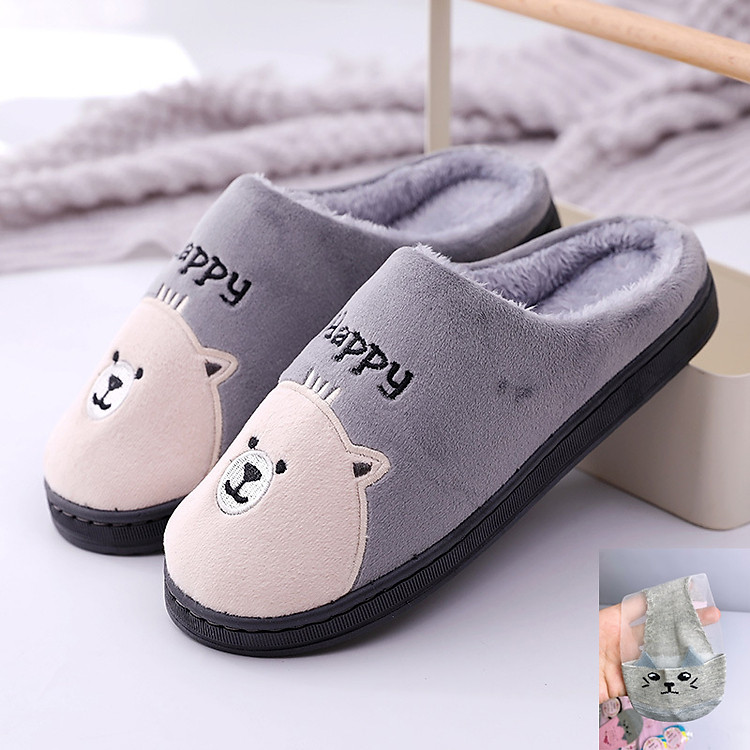 Dép Đi Trong Nhà Mùa Đông - Dép Đi Trong Văn Phòng - Hình Gấu Dễ Thương - Chất Liệu Nỉ Và Lông Mềm Mịn, Êm Ái - Đủ Size Cho Nam Và Nữ - 3 Màu Siêu Đẹp - Hàng Loại Tốt, Bền - Tặng Kèm 1 Đôi Tất Hình Mèo Màu Ngẫu Nhiên