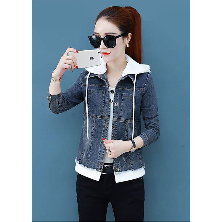Áo Khoác Jean Nữ Kèm Nón Trắng Thời Trang