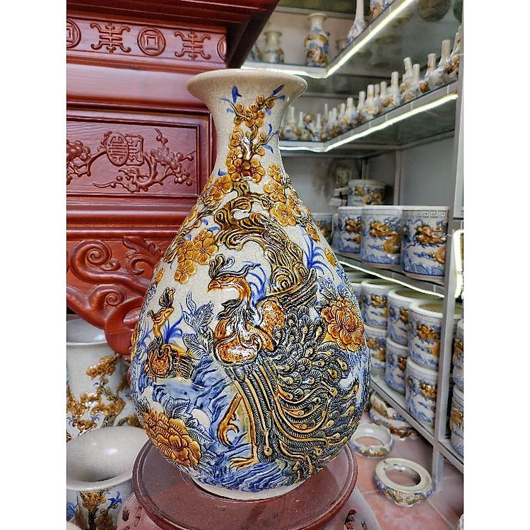 Lộc bình phong thủy Tỳ bà men rạn đắp nổi,hoạ tiết công đào