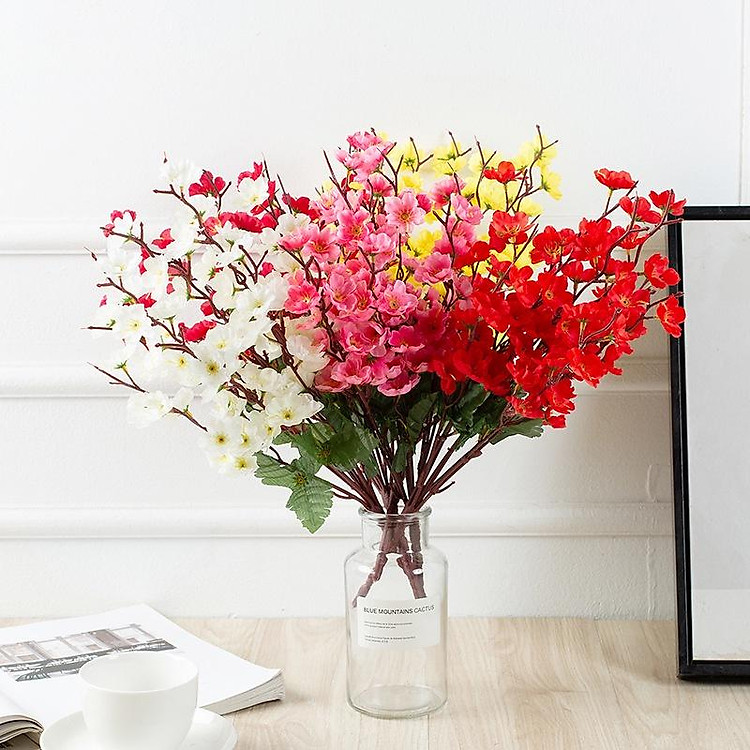Cành Hoa đào giả 9 nhánh 42cm- Mai vàng - trang trí ngày tết, năm mới