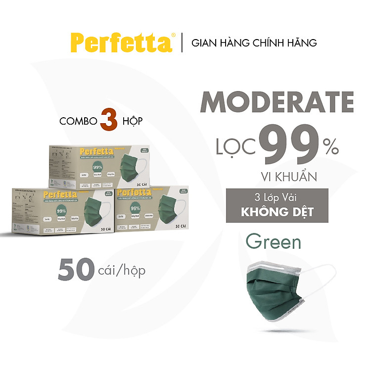 Combo 3 hộp khẩu trang kháng khuẩn kháng khuẩn 3 lớp Perfetta Moderate (50 Cái/ Hộp)