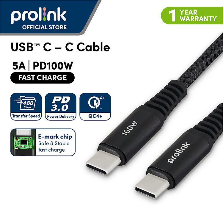 Dây sạc type C To C PROLiNK GCC_100_01 dài 2M, sạc siêu nhanh 100W, dành cho iPad, Macbook, Laptop, Samsung - Hàng chính hãng