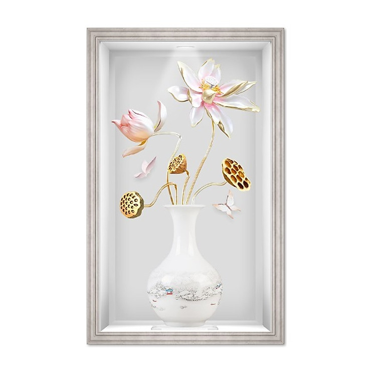 Tranh dán tường ô 3D lọ hoa sen đẹp 026 LoHoaDon_026