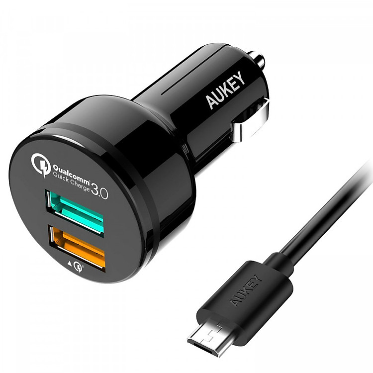 Adapter Sạc Xe Hơi 2 Cổng 34.5W Aukey CC-T7 Hỗ Trợ Sạc Nhanh QC 3.0 - Hàng Chính Hãng