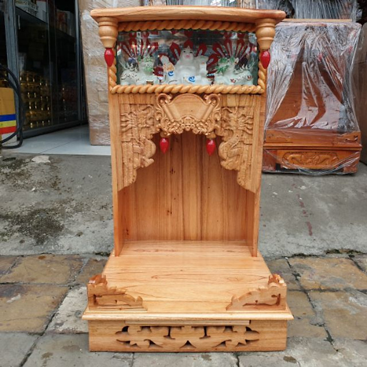 Bàn thờ thần tài ông địa gỗ xoan ngang 42 lọng điện tử