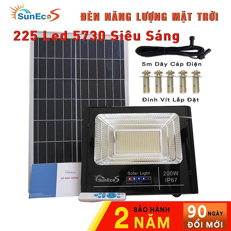 Đèn led năng lượng mặt trời 200W Suneco, đèn pha led năng lượng mặt trời có báo dung lượng pin, chống nước IP67, BH 2năm