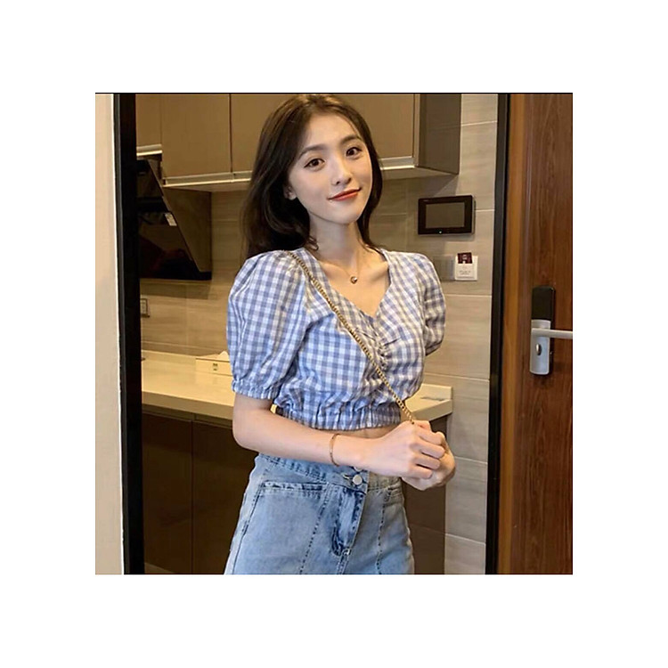 Áo nữ kiểu Croptop rút ngực Caro xinh đẹp, cổ tim, chất vải đẹp, mát, mềm - Nhiều màu - Hàng bán quanh năm