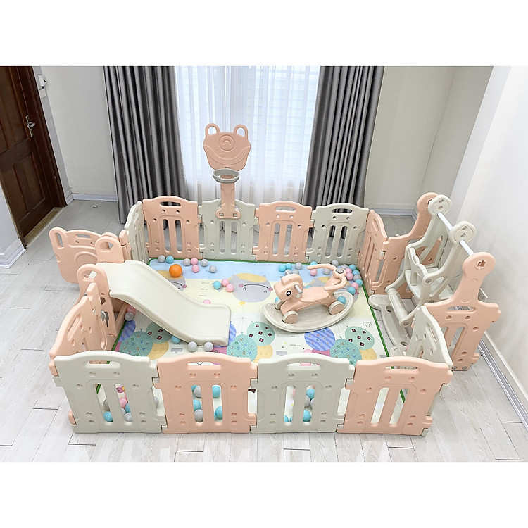 Set quây 14 tấm cho bé full thảm chơi, bóng nhựa, cầu trượt, ngựa bập bênh, bóng rổ cho bé