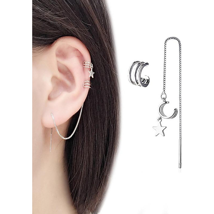 Bông tai nữ dài mảnh sao năm cánh cặp vành xỏ lỗ kết hợp bất đối xứng