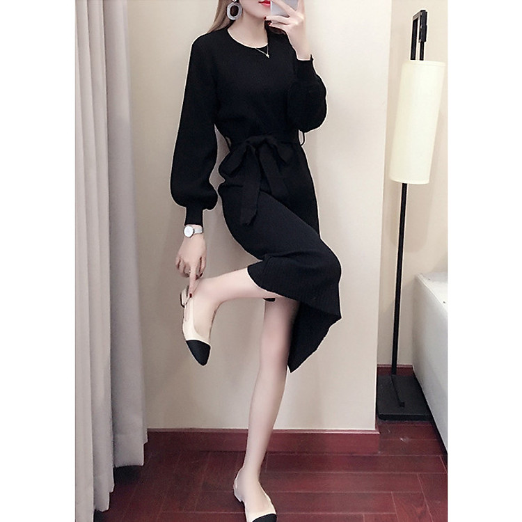 Đầm len body cổ tròn dáng dài kèm đai rời LAHstore, thời trang phong cách trẻ