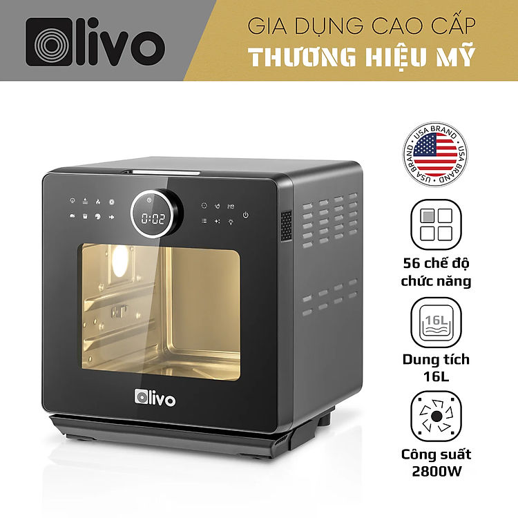 Nồi Chiên Hơi Nước OLIVO SF16 PRO - 56 Chương Trình Cài Sẵn - Dung Tích 16L - Phụ Kiện Trục Xiên Quay - Công Suất 2800W - Hàng chính hãng