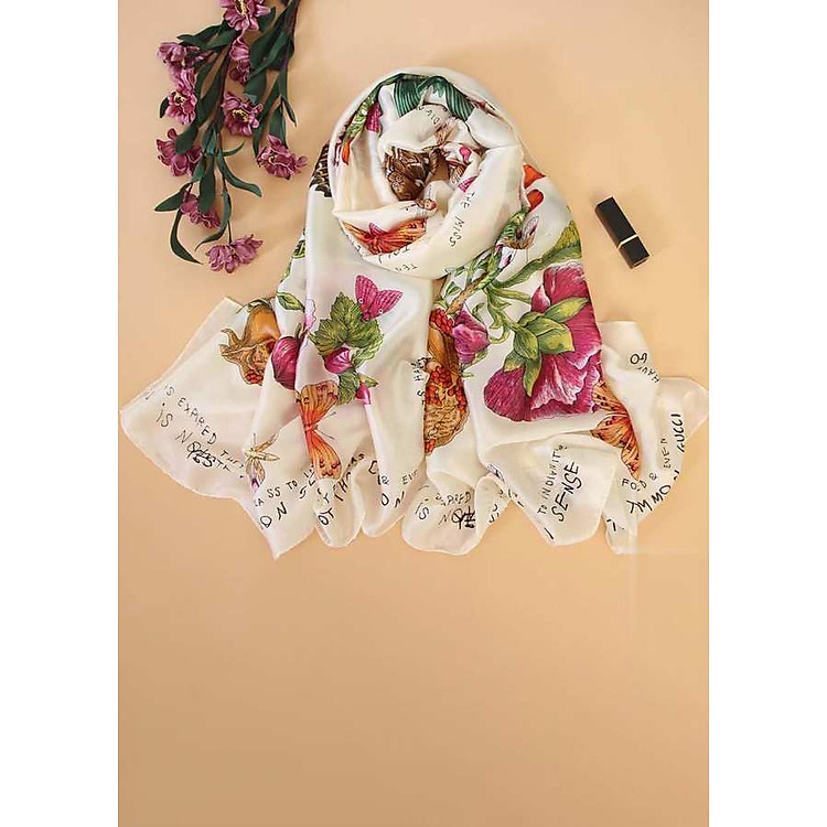 Khăn Choàng Cổ Lụa Họa Tiết Hoa Nền Màu Vàng Nhạt - Mã KS089