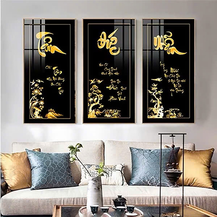 (HCM) tranh treo tường hoa sen vàng và chữ Tâm Đức Nhẫn trang trí phòng khách, phòng làm việc kèm đinh treo