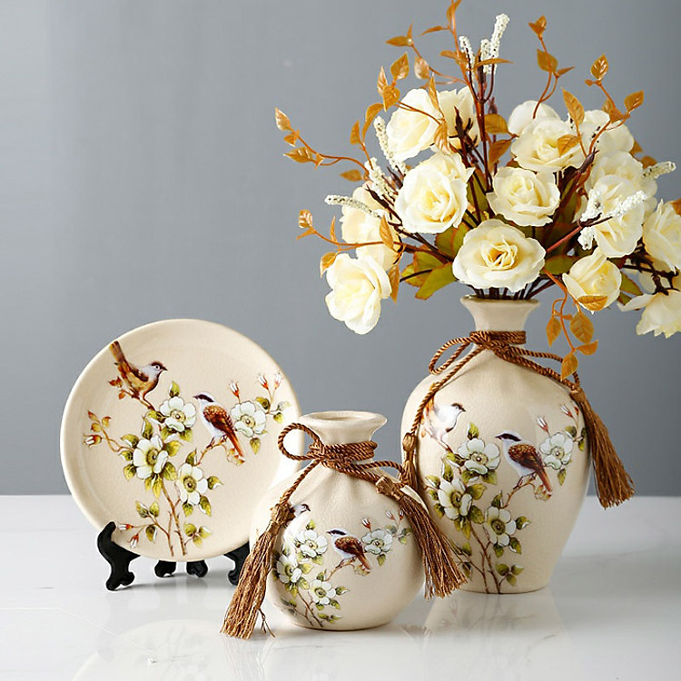 Bộ lục bình tranh đĩa đôi chim sẻ trên cành ban trắng 25cm quà tặng tân gia trang trí nhà cửa
