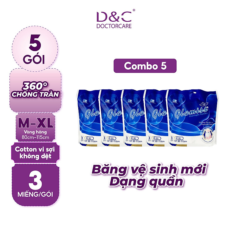 Combo 5 gói băng vệ sinh dạng quần Glamiss ban đêm size M-XL siêu mỏng, bề mặt 2 lớp siêu mềm mịn