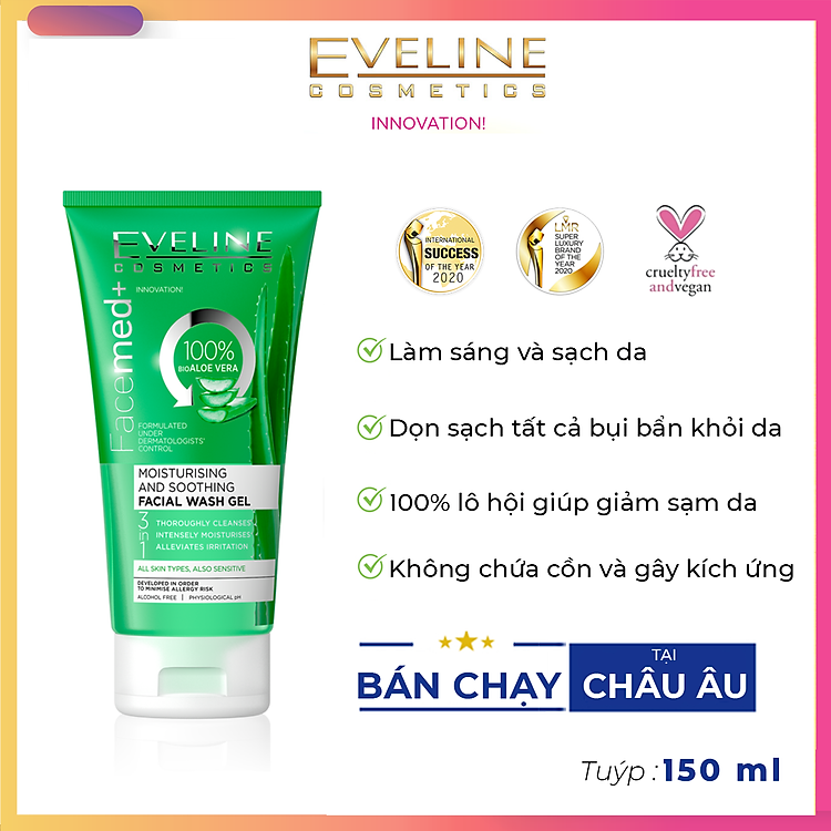 Gel tẩy trang 100% lô hội Eveline facemed+ moist.and soot giảm thiểu bụi bẩn, làm sạch sâu - Tuýp 150ml