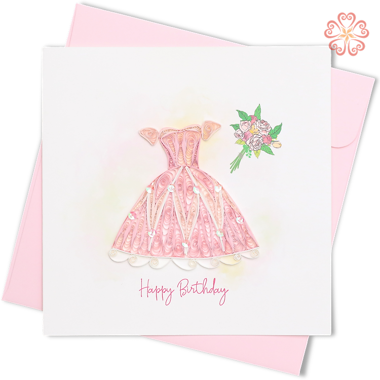 Thiệp Giấy Xoắn Nghệ Thuật - Thiệp Sinh Nhật Váy Hồng - Pink Dress Happy Birthday Card - Happy Birthday - 15 x 15 - VN2NN1150J3E1