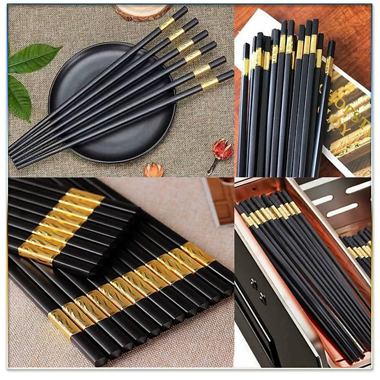 Bộ Đũa Nhựa Mạ Vàng Hàn Nhật - Set 10 Đôi Đũa Nhựa Đen Nhật Cao Cấp Chống Trơn Chống Mốc Chịu Nhiệt Sang Trọng
