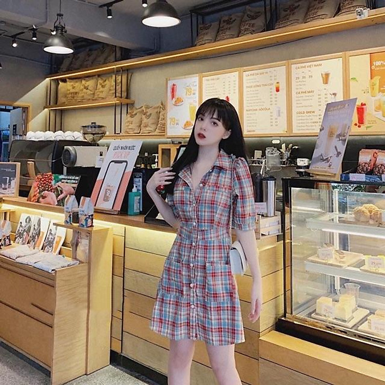 Đầm xoè sọc caro xanh đỏ