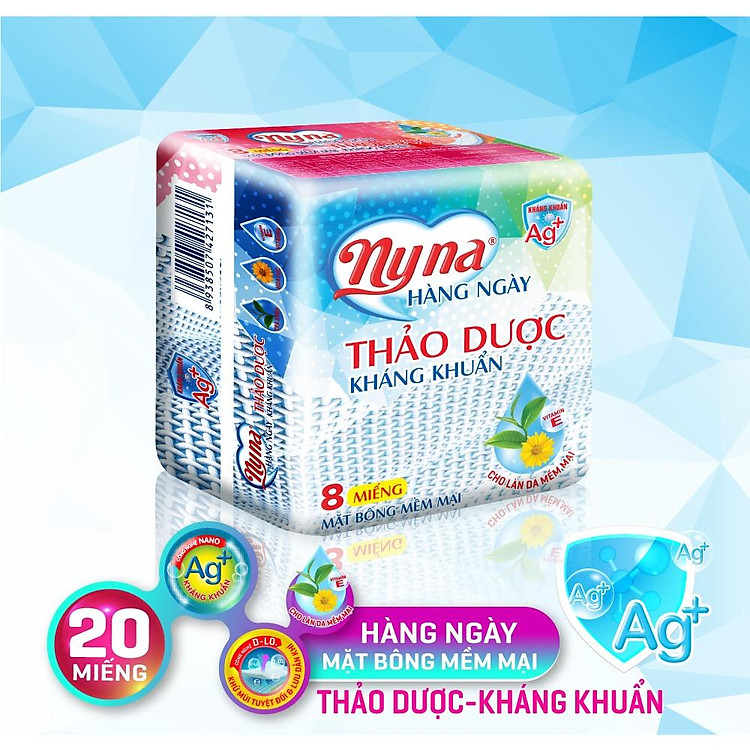Băng Vệ Sinh NYNA hàng ngày Thảo Dược Hoa Cúc Bạc Hà {lóc 8 gói, gói 8 miếng}. BVS hàng ngày chính hãng. Bang ve sinh hang ngay