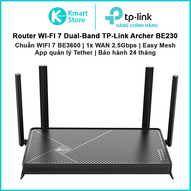 Bộ phát Router WIFI 7 TP-Link Archer BE230 | Chuẩn WIFI 7 băng thông BE3600 / 2 băng tần 2.4 & 5.0 GHz | EasyMesh | Phủ sóng rộng | Bảo hành 2 năm | Hàng Chính Hãng