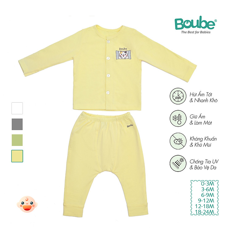 Bộ quần áo dài tay cúc thẳng cho em bé sơ sinh và trẻ nhỏ nhiều màu sắc Boube, Vải cotton organic thoáng mát- Size 0-24M