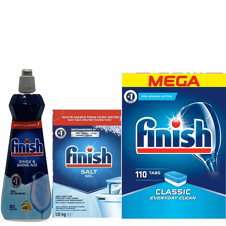 Combo 110 viên rửa bát finish + muối finish 1.5kg + Nước làm bóng finish 400ml dùng cho máy rửa bát
