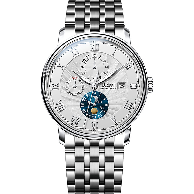 Đồng hồ nam chính hãng LOBINNI LB11023G-T4 Kính sapphire chống xước,chống nước 50m,mặt trắng dây thép không gỉ 316L,Đồng hồ cơ (Automatic) bảo hành 24 tháng,thiết kế đơn giản và sang trọng