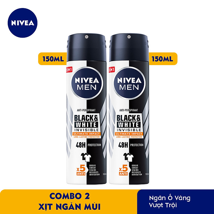 Combo 2 Xịt Ngăn Mùi NIVEA MEN Black & White Ngăn Vệt Ố Vàng Vượt Trội 5in1 (150ml) - 85388