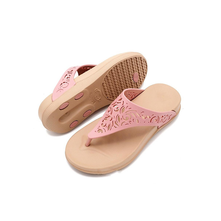 Dép kẹp xỏ ngón Thái Lan - Kem quai hồng - Nhựa mềm Siêu Bền, Êm Ái, Chống Trơn Trượt - Đế gót 3cm