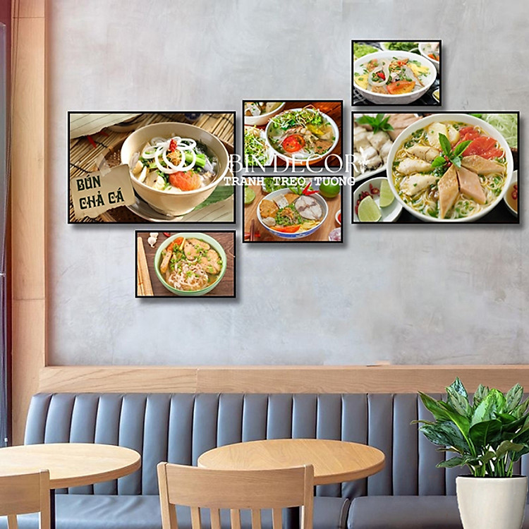 (ẢNH CHỤP) Tranh treo tường bún chả cá nha trang, bún sứa trang trí quán,kèm đinh treo