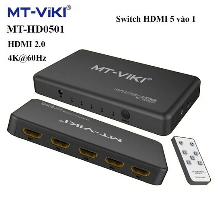 Bộ chuyển mạch Switch HDMI 5 vào 1 ra chuẩn 2.0 hỗ trợ 4k@60Hz MT-Viki MT-HD0501. Hàng chính hãng !!!