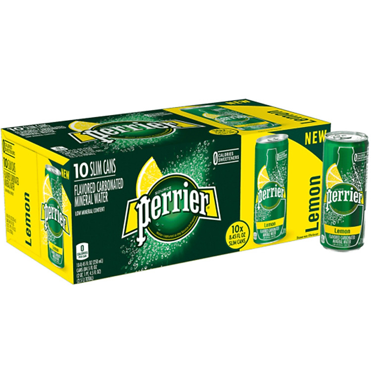 Thùng 10 Lon Nước Khoáng Có Gas Hương Chanh Vàng Perrier (250ml/lon)