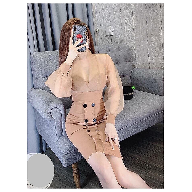 Đầm Body Phối Voan kiếng Tay Bo