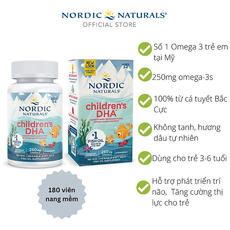 Nordic Naturals Children's DHA 180 viên nang mềm vị dâu, Phát triển trí não khỏe mạnh và cải thiện chức năng hệ miễn dịch - Hàng Chính Hãng