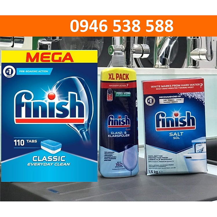 Combo: VRB Finish Classic 100 viên hương chanh + Muối 1.5kg + Nước làm bóng 1150ml + Vệ sinh máy 250ml